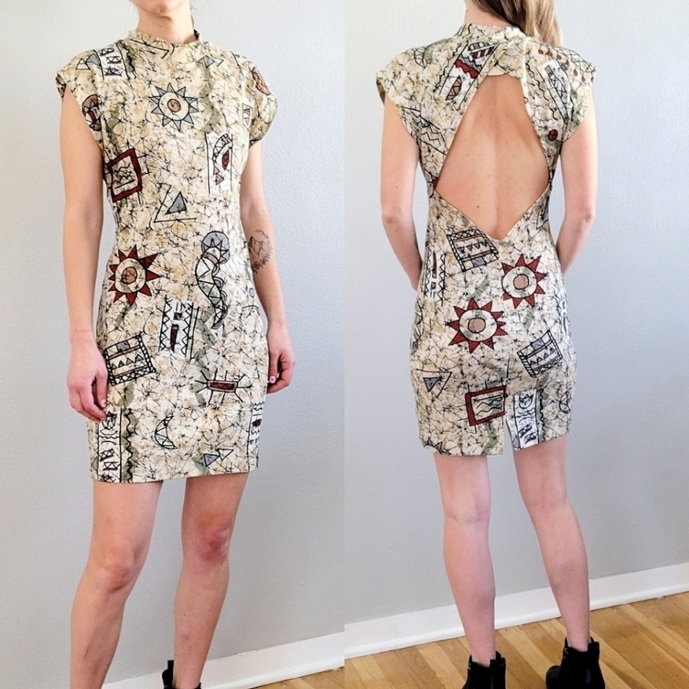 VINTAGE 90s Mini Dress Geometric Abstract Back Cut out sz S